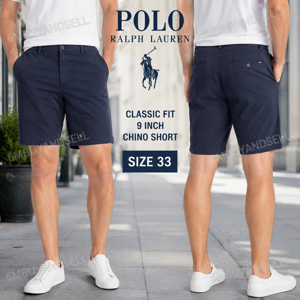 Polo Ralph Lauren Mens Classic Fit 9 Inch Chino Shorts Navy Blue Size 33 Cotton